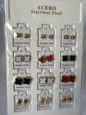 Stainless Steel 12 Pack Gold Tone Studs Flower & Hoop Earrings on Display NEW